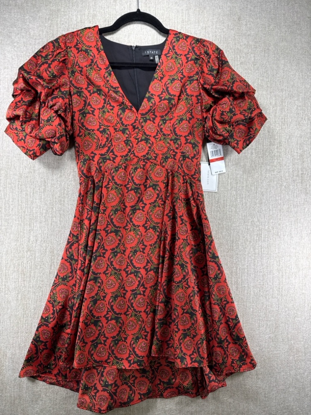 1. State Studio Red Folklore Puff Sleeve Mini Dress With Pockets XS